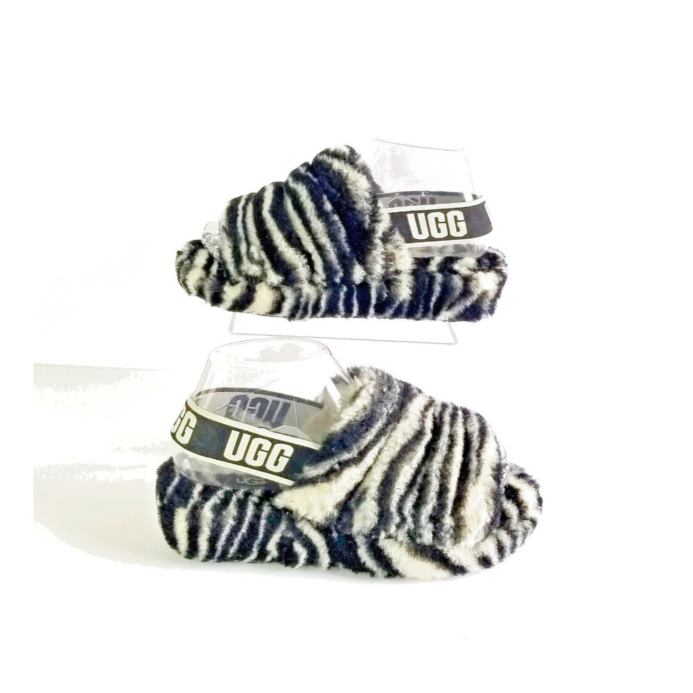 UGG Fluff Yeah Slide Black White Zebra Slipper Sandal Sz 5 36 Sheepskin Fur - Picture 7 of 14
